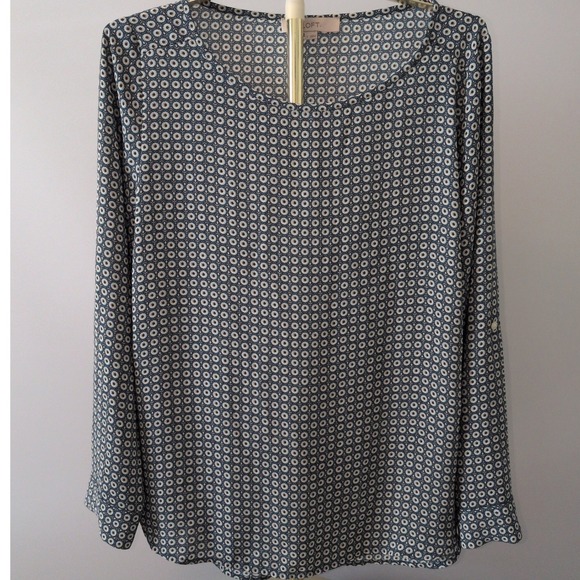 LOFT Tops - LOFT Blouse Womens Large Blue White Floral Medallion Roll Tab Long Sleeve 418589